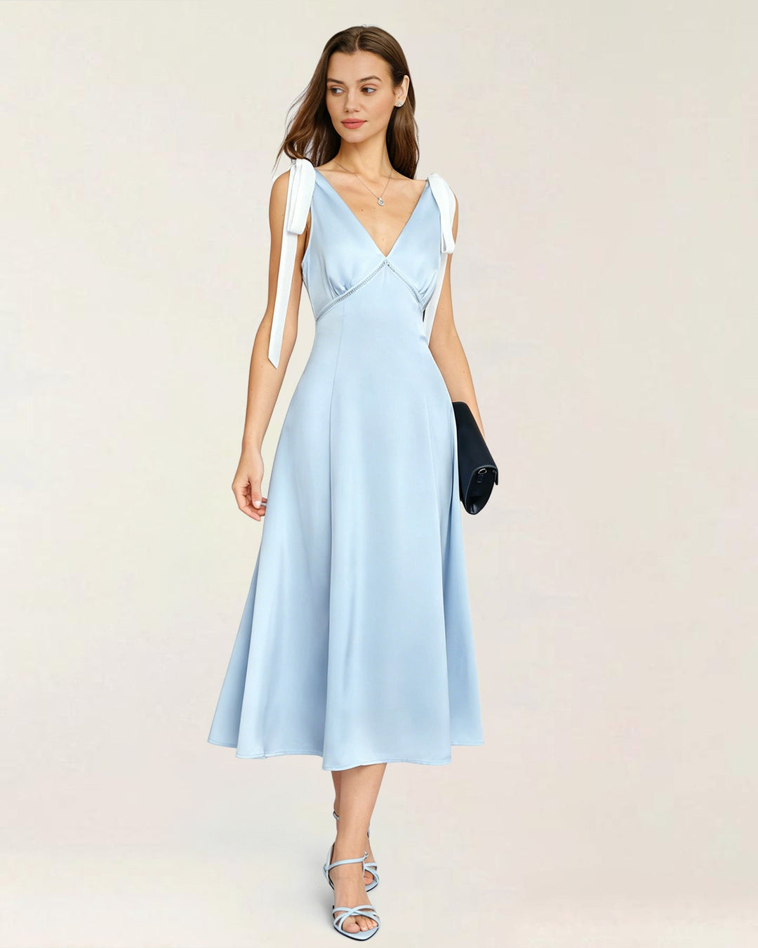 Vestido Midi de Satén con Corte en V Azul