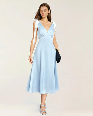 Vestido Midi de Satén con Corte en V Azul