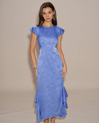 Vestido Midi de Jacquard con Volantes y Cuello Barco Azul