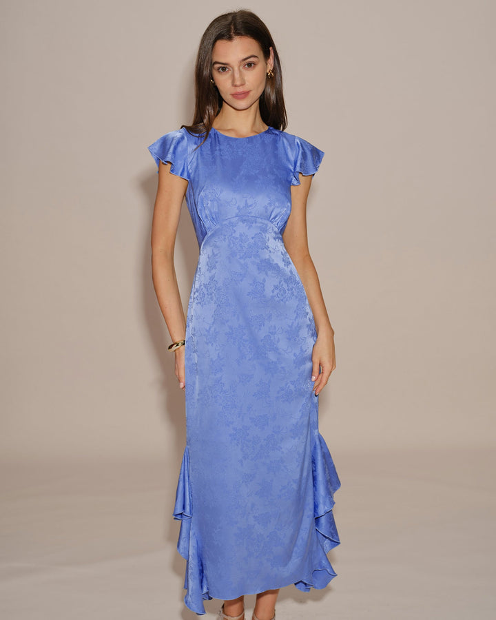 Vestido Midi de Jacquard con Volantes y Cuello Barco Azul
