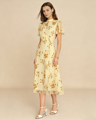 Vestido Midi Floral con Mangas de Mariposa Amarillo