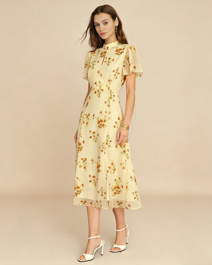 Vestido Midi Floral con Mangas de Mariposa Amarillo