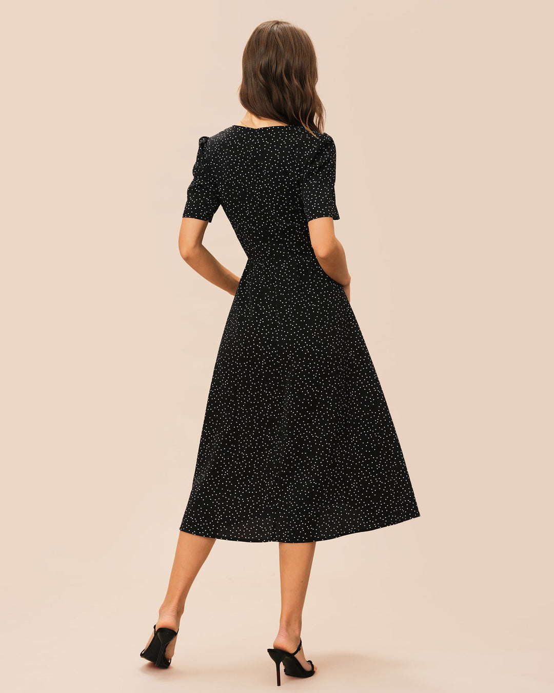 Vestido Midi de Puntos con Escote en V Negro