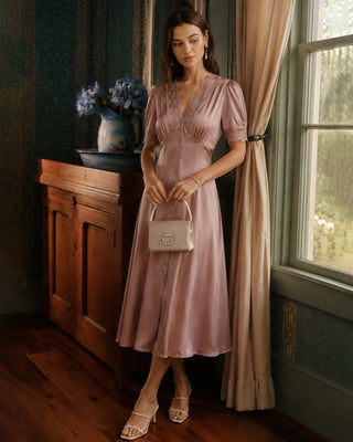 Vestido Midi de Satén con Encaje Rosa