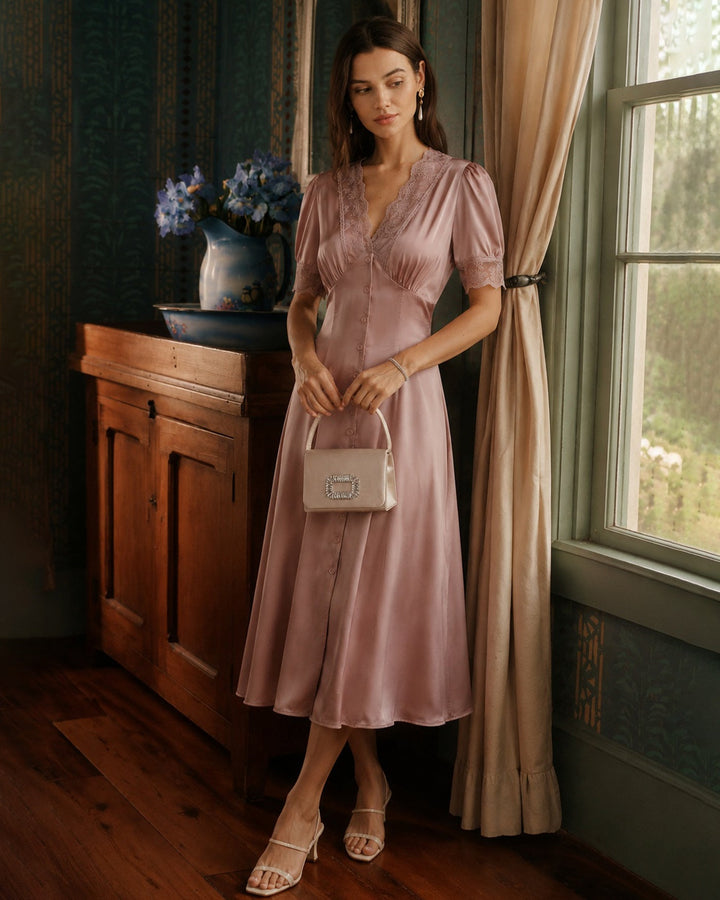 Vestido Midi de Satén con Encaje Rosa