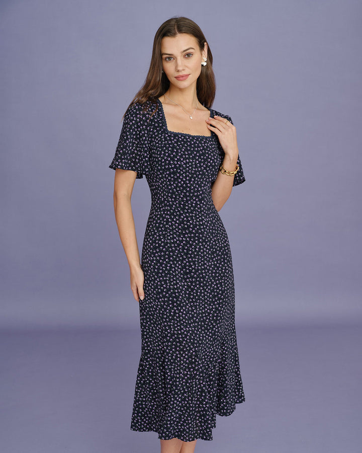 Vestido Midi de Manga Mariposa Floral Púrpura