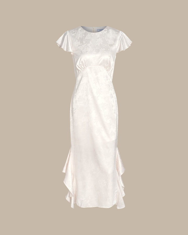 Vestido Midi de Jacquard con Volantes y Cuello Barco Beige