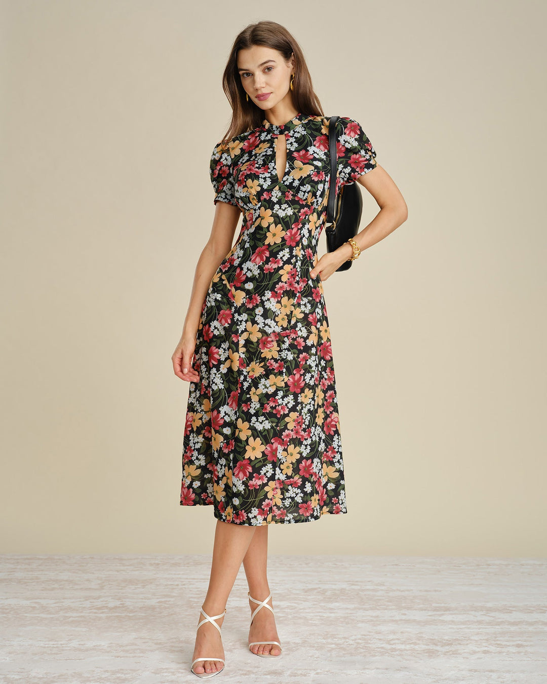 Vestido Midi Floral con Manga Abullonada Negra