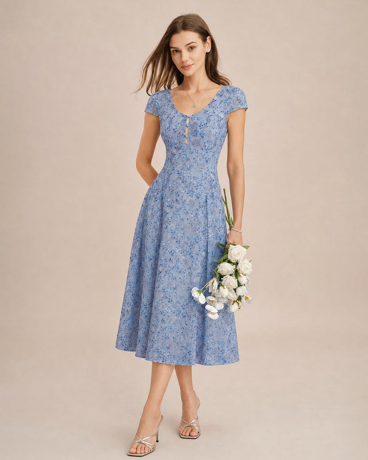 Vestido Midi Floral con Botones y Cuello U Azul