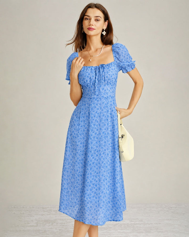 Vestido Midi de Chiffon Floral con Escote Cuadrado Azul