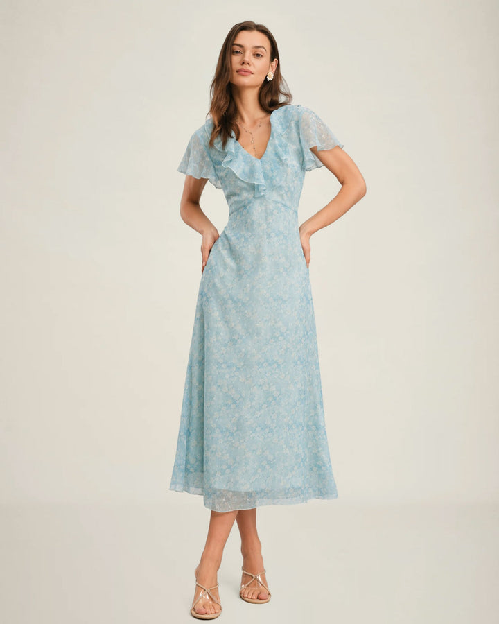 Vestido Midi Floral con Volantes y Escote en V Azul