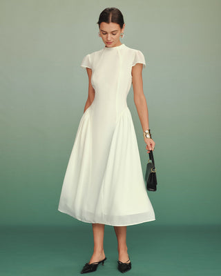 Vestido Midi A-Line de Cuello Alto en Albaricoque