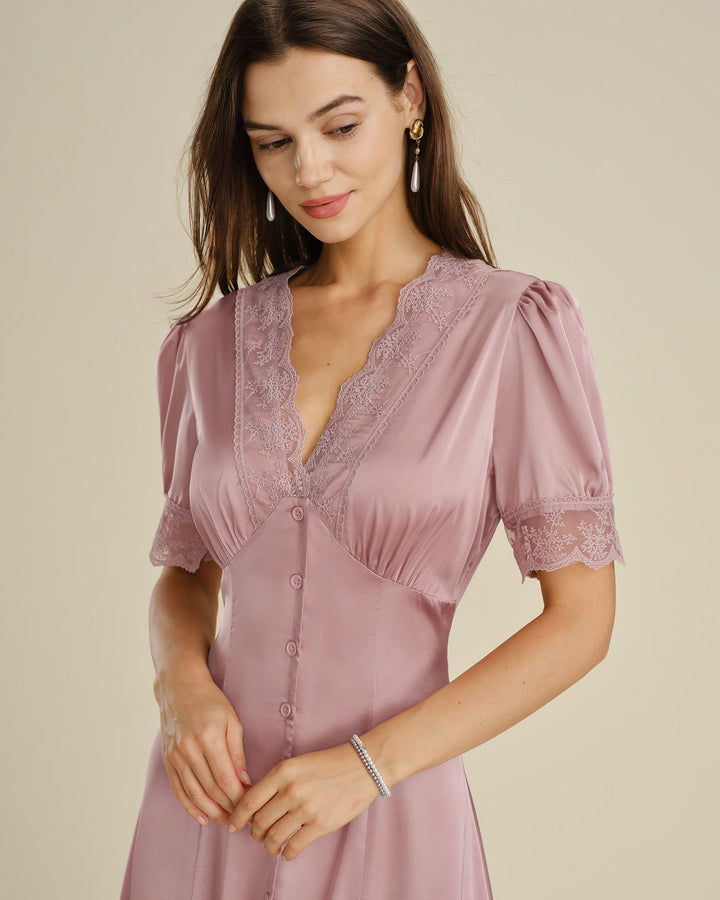 Vestido Midi de Satén con Encaje Rosa