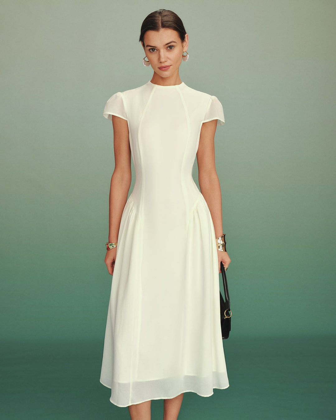 Vestido Midi A-Line de Cuello Alto en Albaricoque