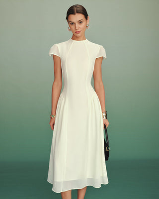 Vestido Midi A-Line de Cuello Alto en Albaricoque