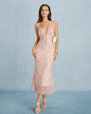 Vestido Midi Rosa con Escote en V y Volantes