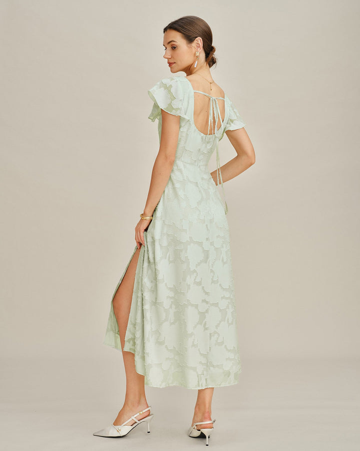 Vestido Midi Texturizado Floral con Escote Cuadrado Verde