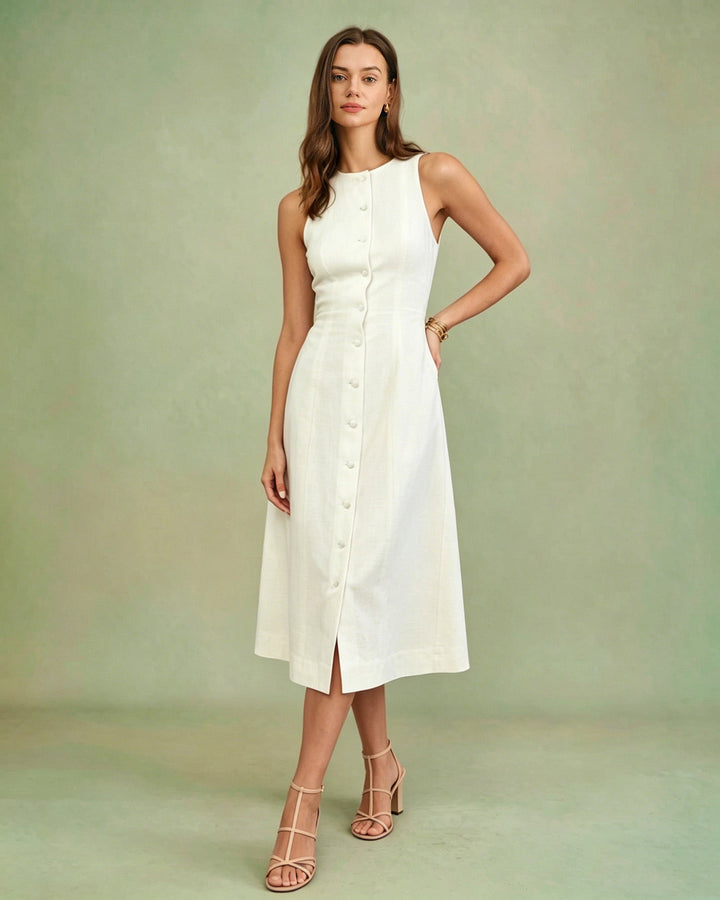 Vestido Midi Túnica con Botón Blanco