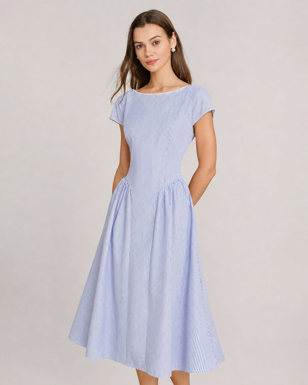 Vestido Midi con Cuello Barco y Fruncidos Azul