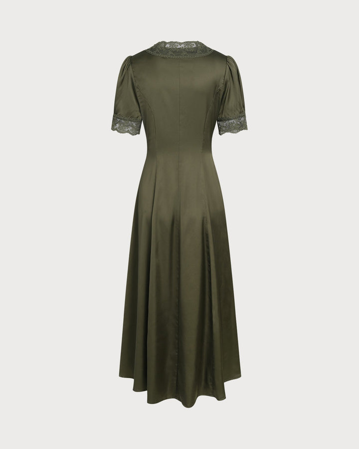 Vestido Midi de Satén Verde con Encaje