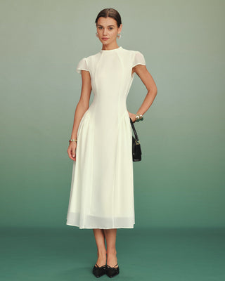 Vestido Midi A-Line de Cuello Alto en Albaricoque
