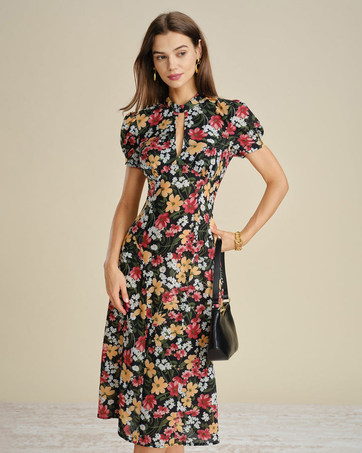 Vestido Midi Floral con Manga Abullonada Negra
