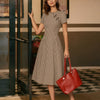 Vestido Midi de Cuadros Marrón con Cuello Redondo