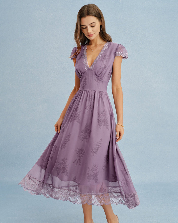 Vestido Midi de Encaje con Escote en V Morado