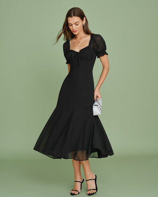 Vestido Midi de Manga Abullonada con Escote en V Negro