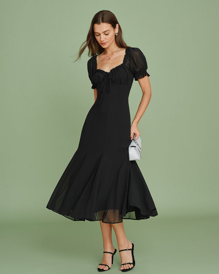 Vestido Midi de Manga Abullonada y Cuello en V Negro