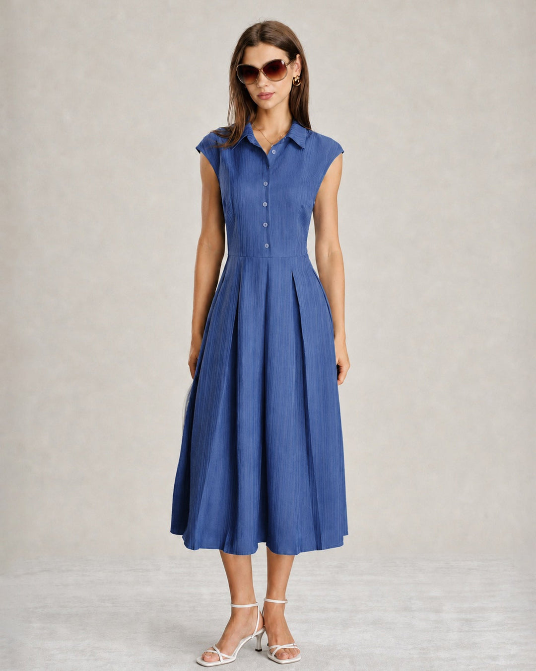 Vestido Midi Botón de Cuello Azul