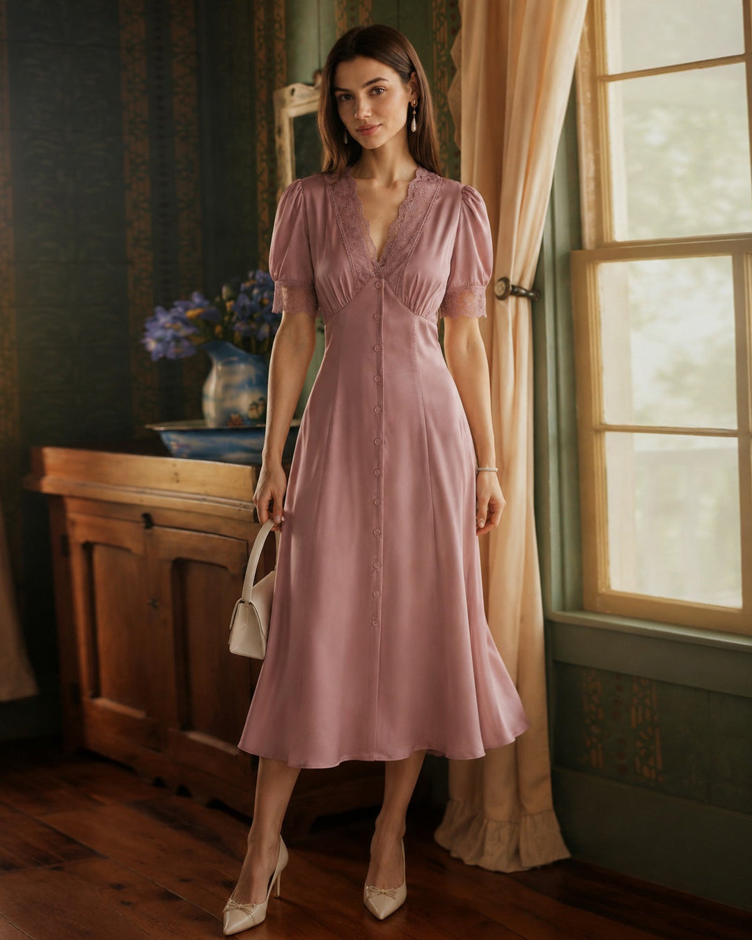 Vestido Midi de Satén con Encaje Rosa