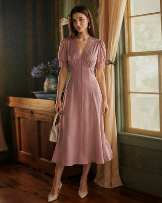 Vestido Midi de Satén con Encaje Rosa