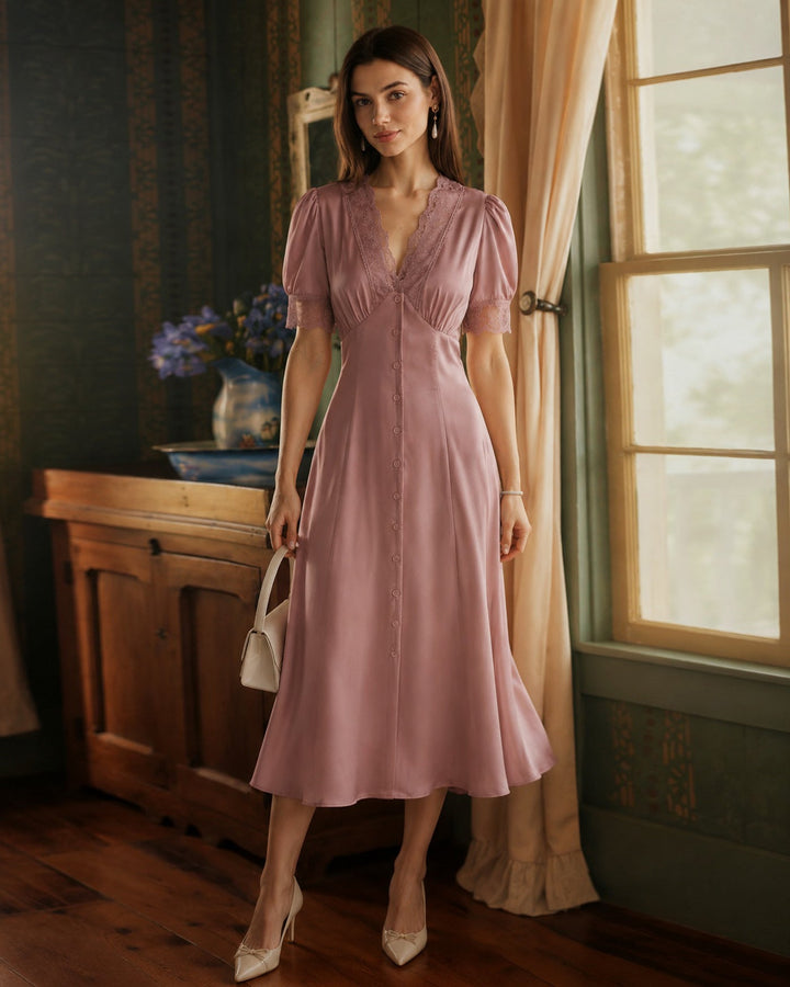 Vestido Midi de Satén con Encaje Rosa