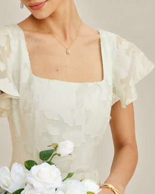 Vestido Midi Jacquard de Cuello Cuadrado Beige