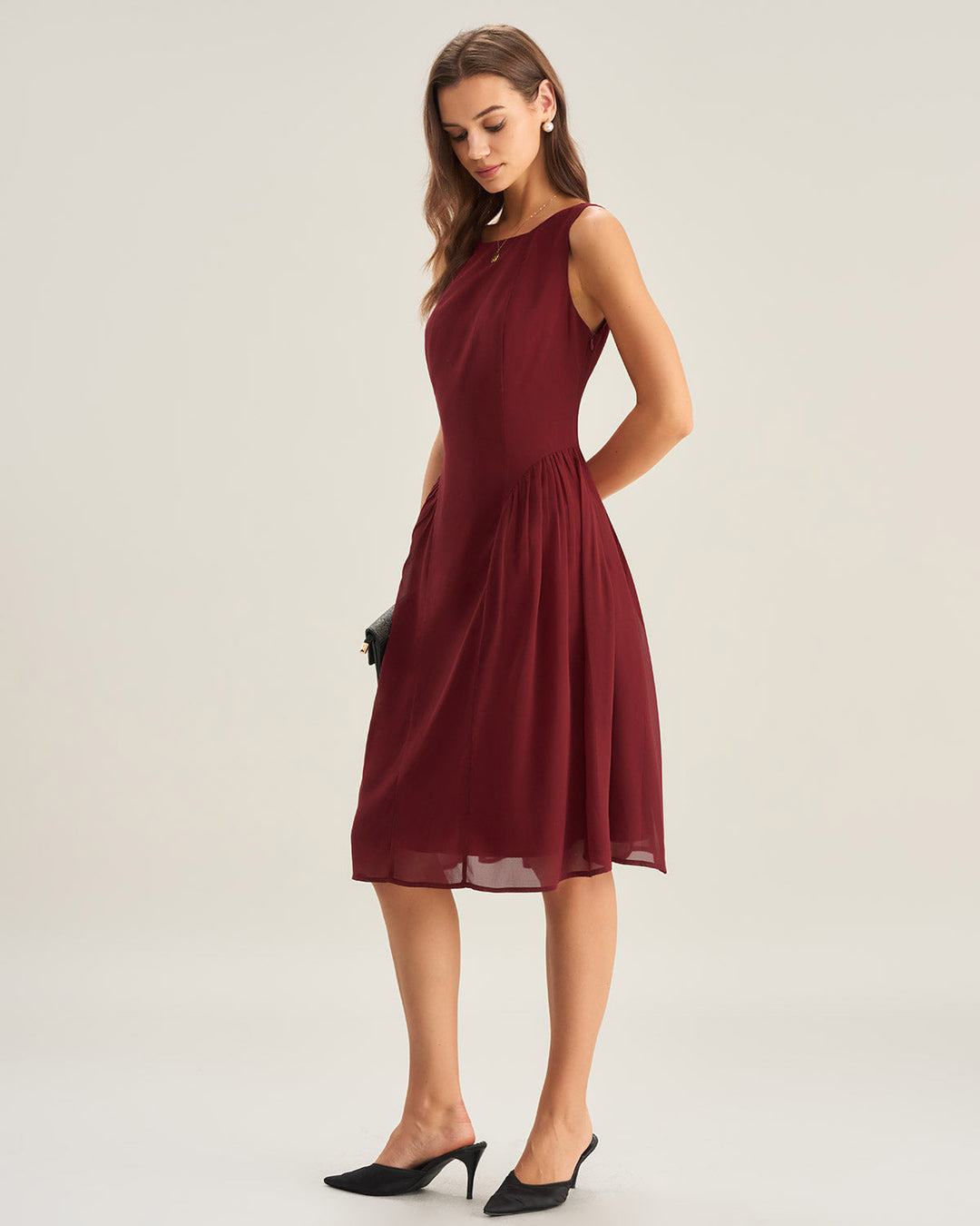 Vestido Midi Sin Mangas de Chiffon Rojo Vino