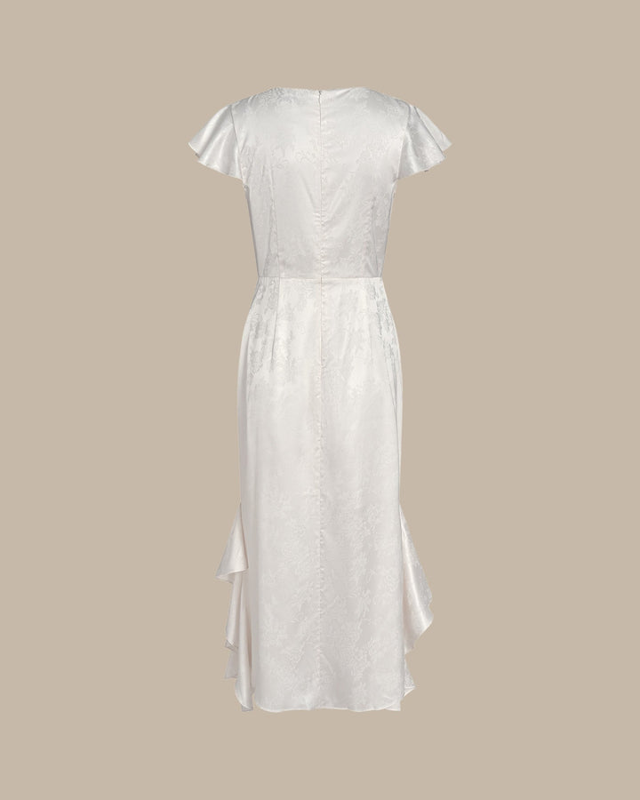Vestido Midi de Jacquard con Volantes y Cuello Barco Beige