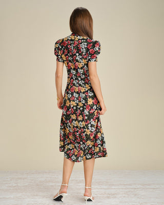 Vestido Midi Floral con Manga Abullonada Negra
