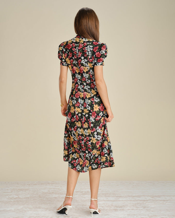 Vestido Midi Floral con Manga Abullonada Negra