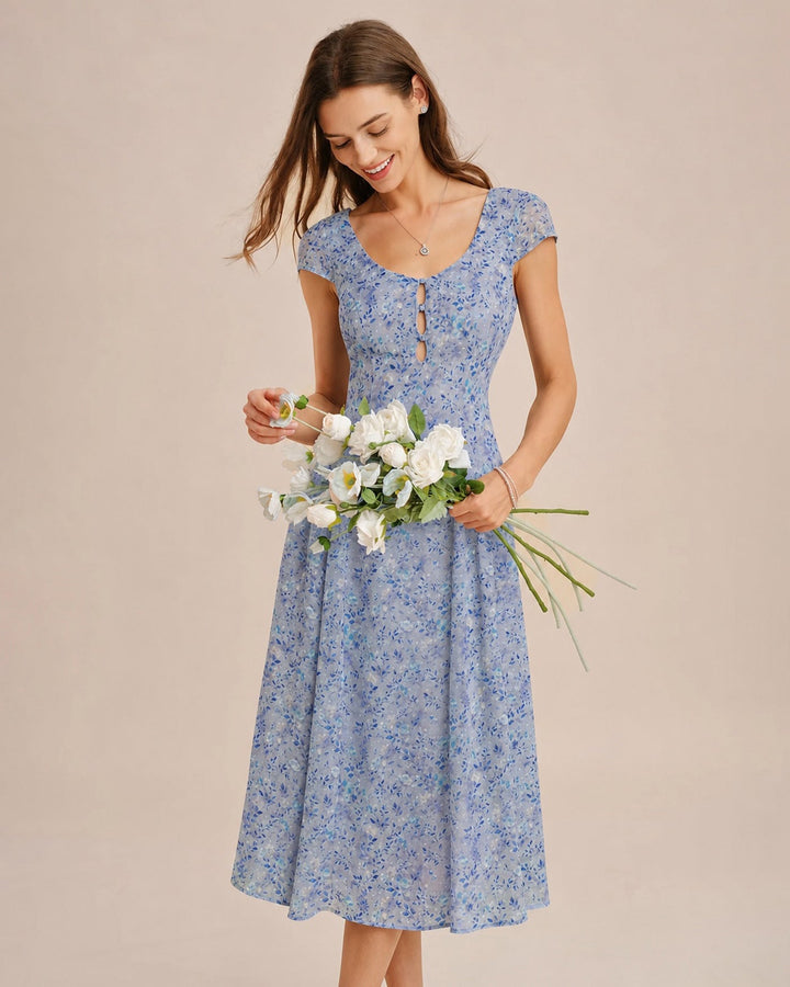 Vestido Midi Floral con Botones y Cuello U Azul