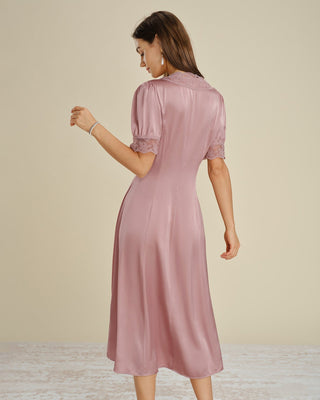 Vestido Midi de Satén con Encaje Rosa