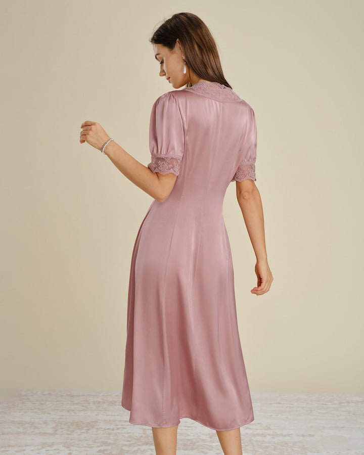 Vestido Midi de Satén con Encaje Rosa