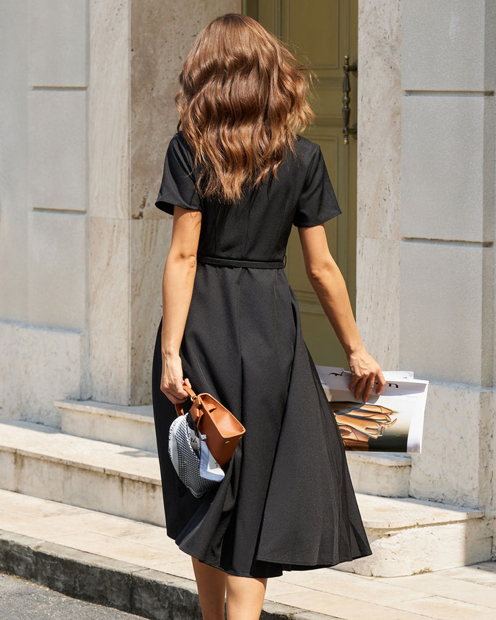 Vestido Midi A-Line Negro con Cinturón