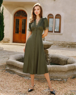 Vestido Midi de Satén Verde con Encaje