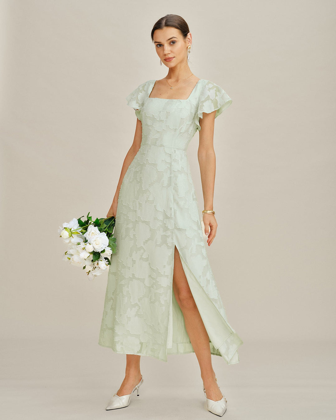 Vestido Midi Texturizado Floral con Escote Cuadrado Verde