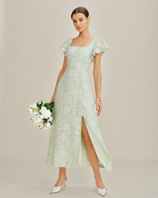 Vestido Midi Texturizado Floral con Escote Cuadrado Verde