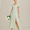 Vestido Midi Texturizado Floral con Escote Cuadrado Verde