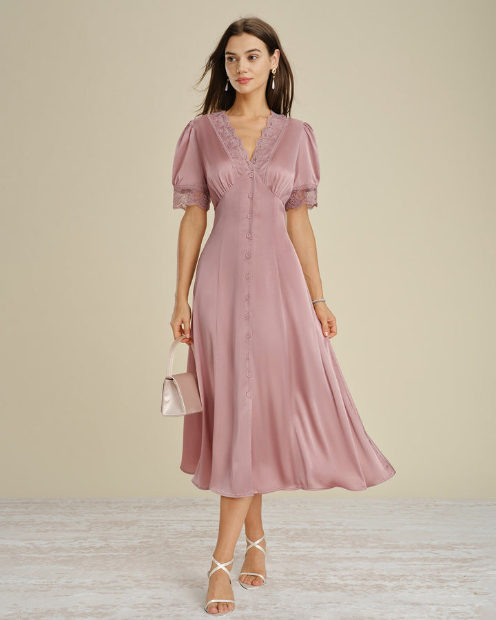 Vestido Midi de Satén con Encaje Rosa