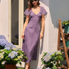 Vestido Midi Floral de Manga Mariposa con Escote en V Morado