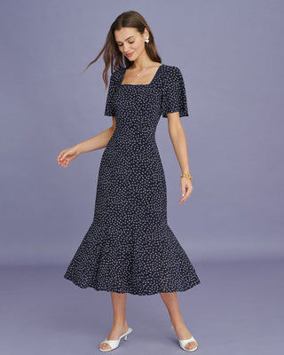 Vestido Midi de Manga Mariposa Floral Púrpura